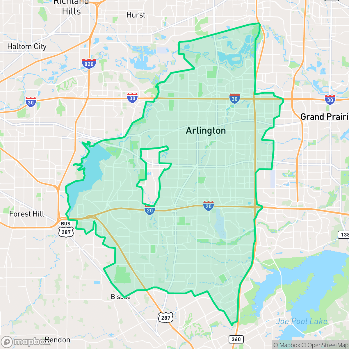 Map showing the location of Arlington, TX — coverage area