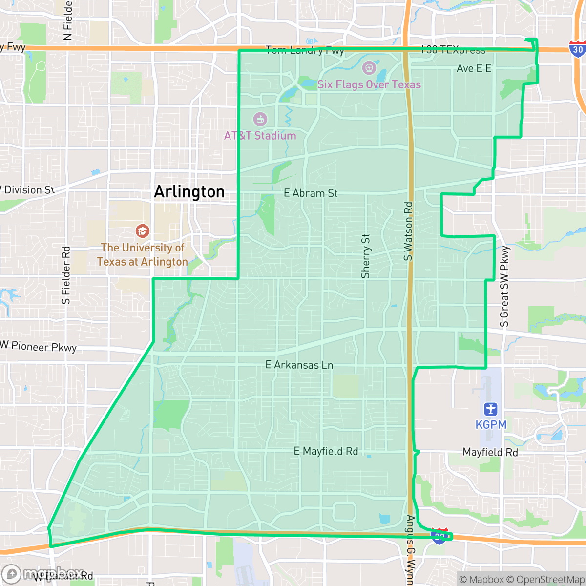 Map showing the location of East, Arlington, TX