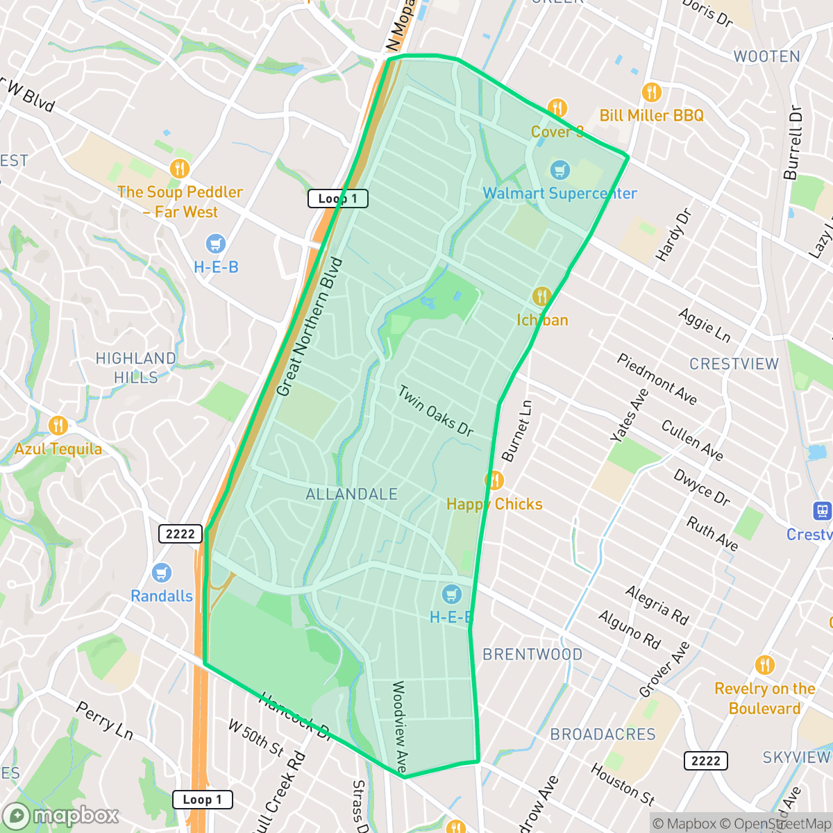 Map showing the location of Allandale, Austin, TX