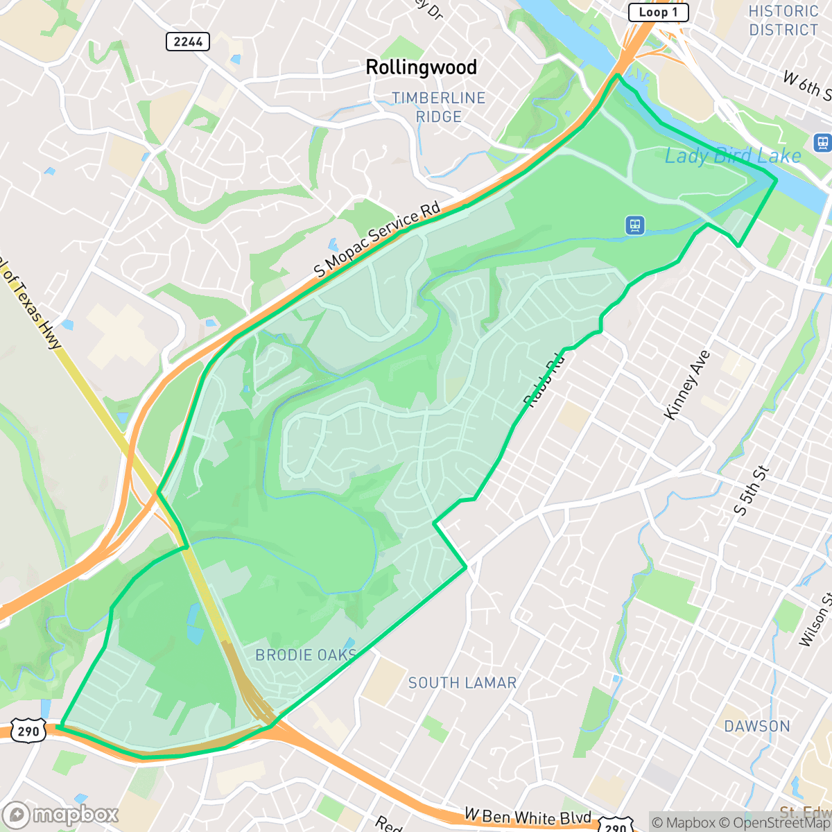 Map showing the location of Barton Hills, Austin, TX