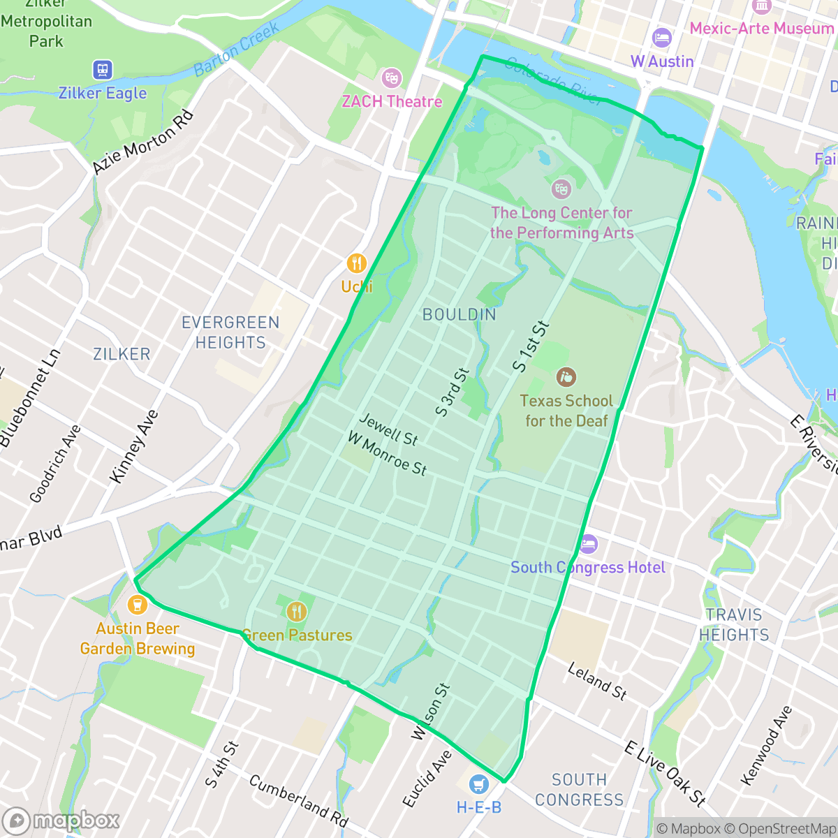 Map showing the location of Bouldin, Austin, TX