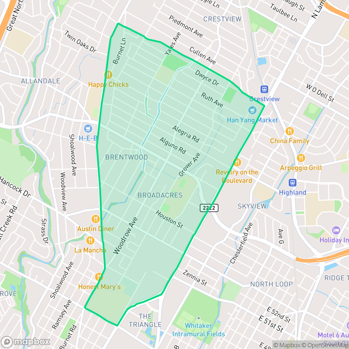 Map showing the location of Brentwood, Austin, TX