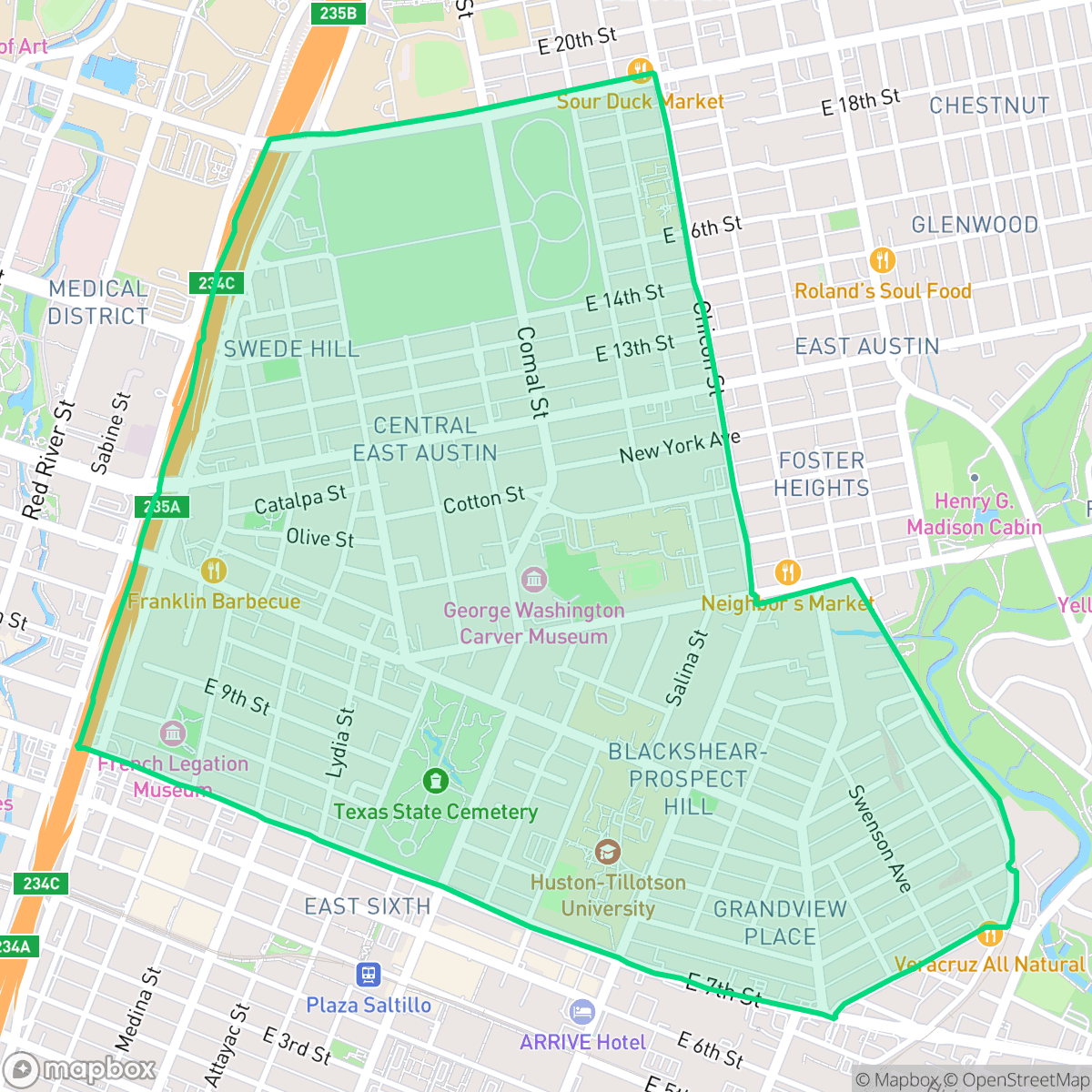 Map showing the location of Central East Austin, Austin, TX