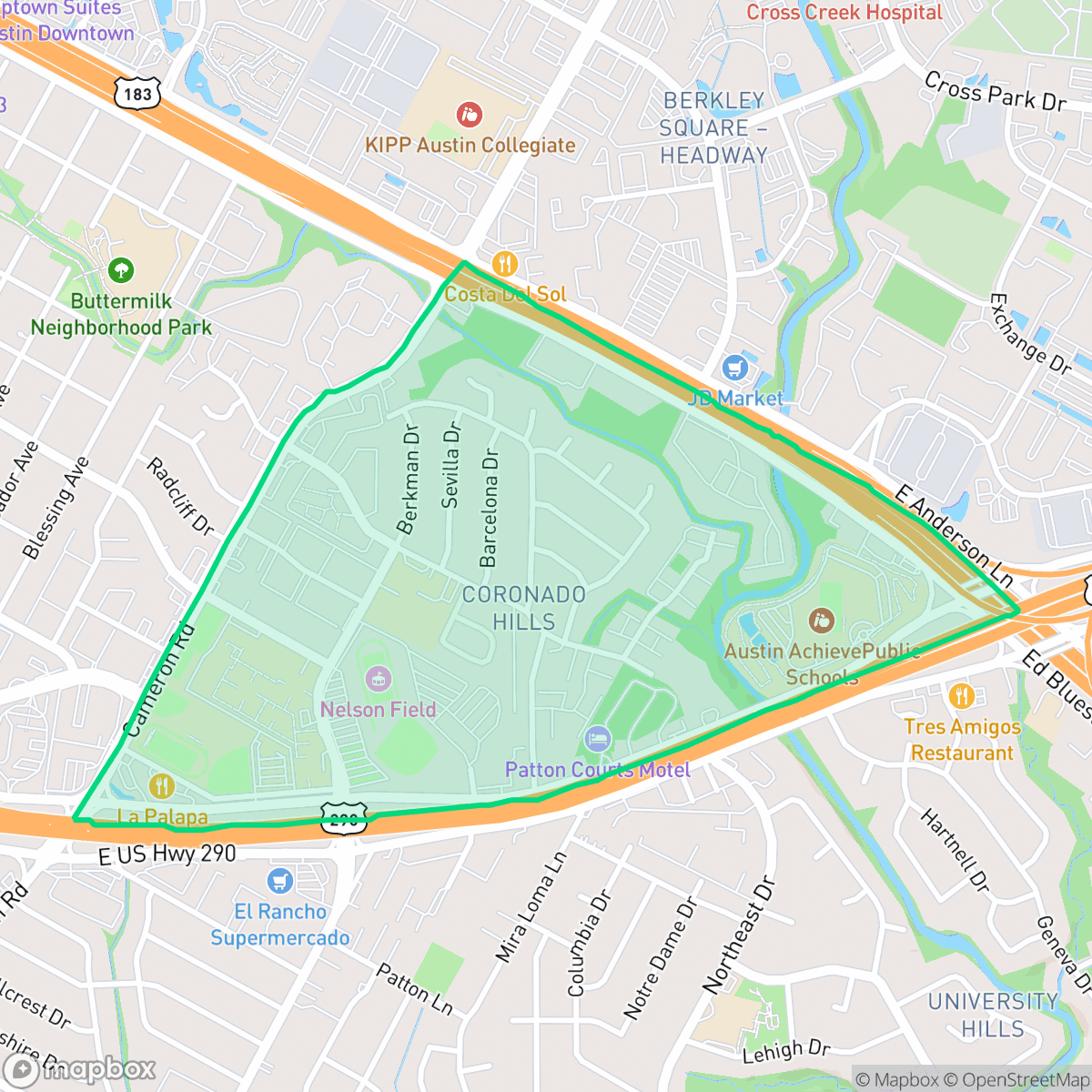 Map showing the location of Coronado Hills, Austin, TX