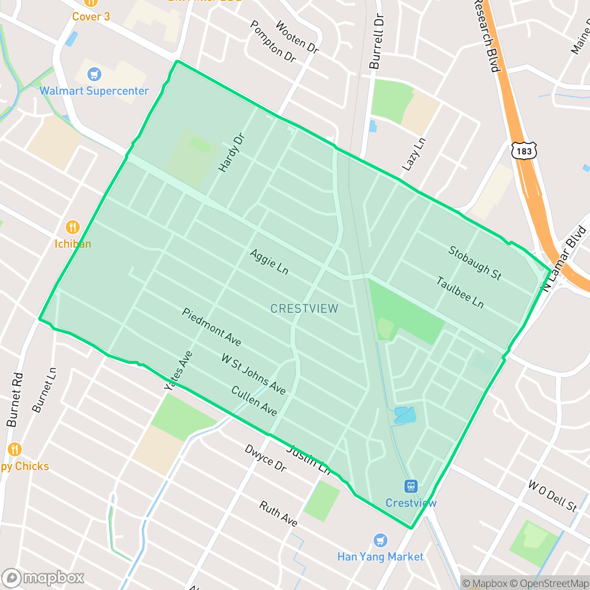Map showing the location of Crestview, Austin, TX