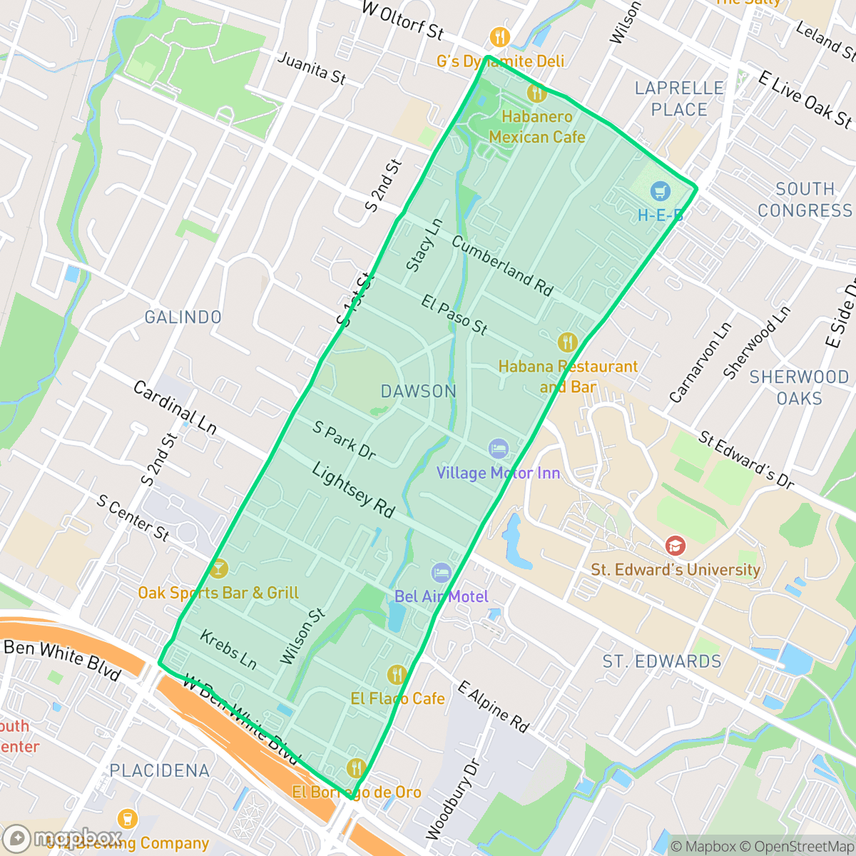 Map showing the location of Dawson, Austin, TX