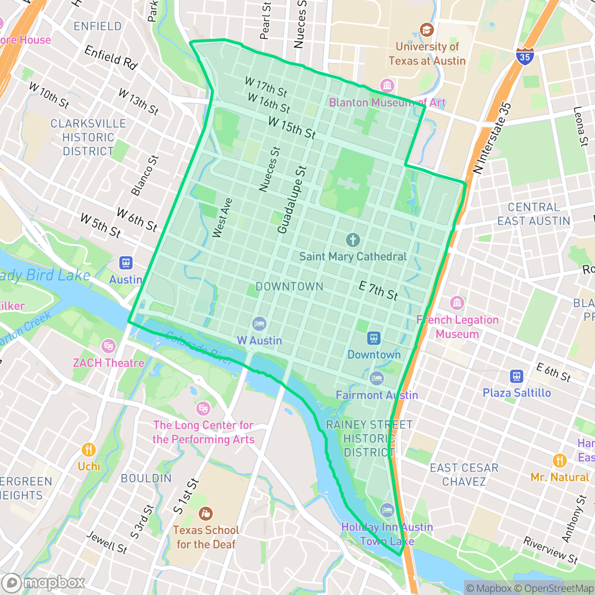 Map showing the location of Downtown, Austin, TX