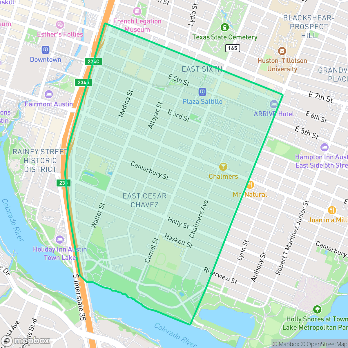 Map showing the location of East Cesar Chavez, Austin, TX