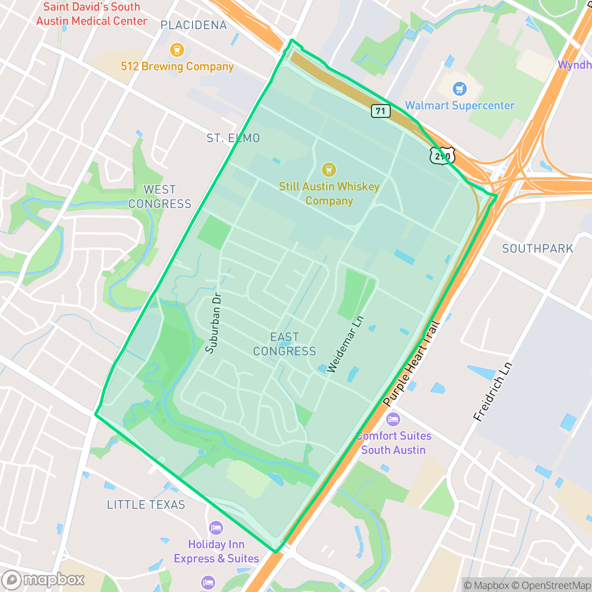 Map showing the location of East Congress, Austin, TX