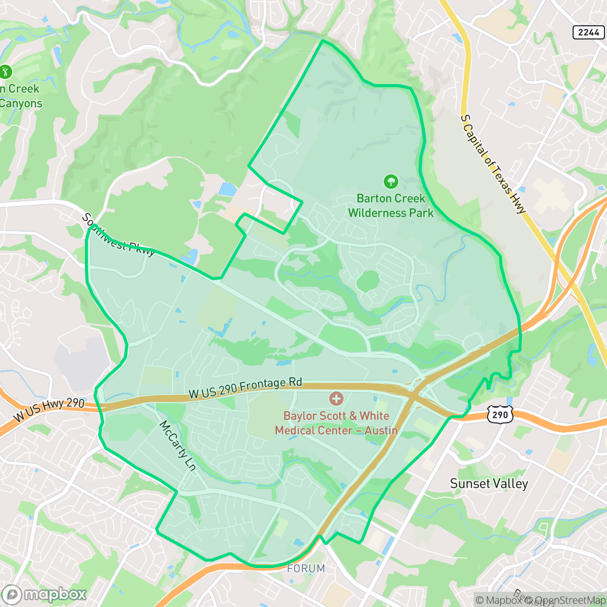 Map showing the location of East Oak Hill, Austin, TX
