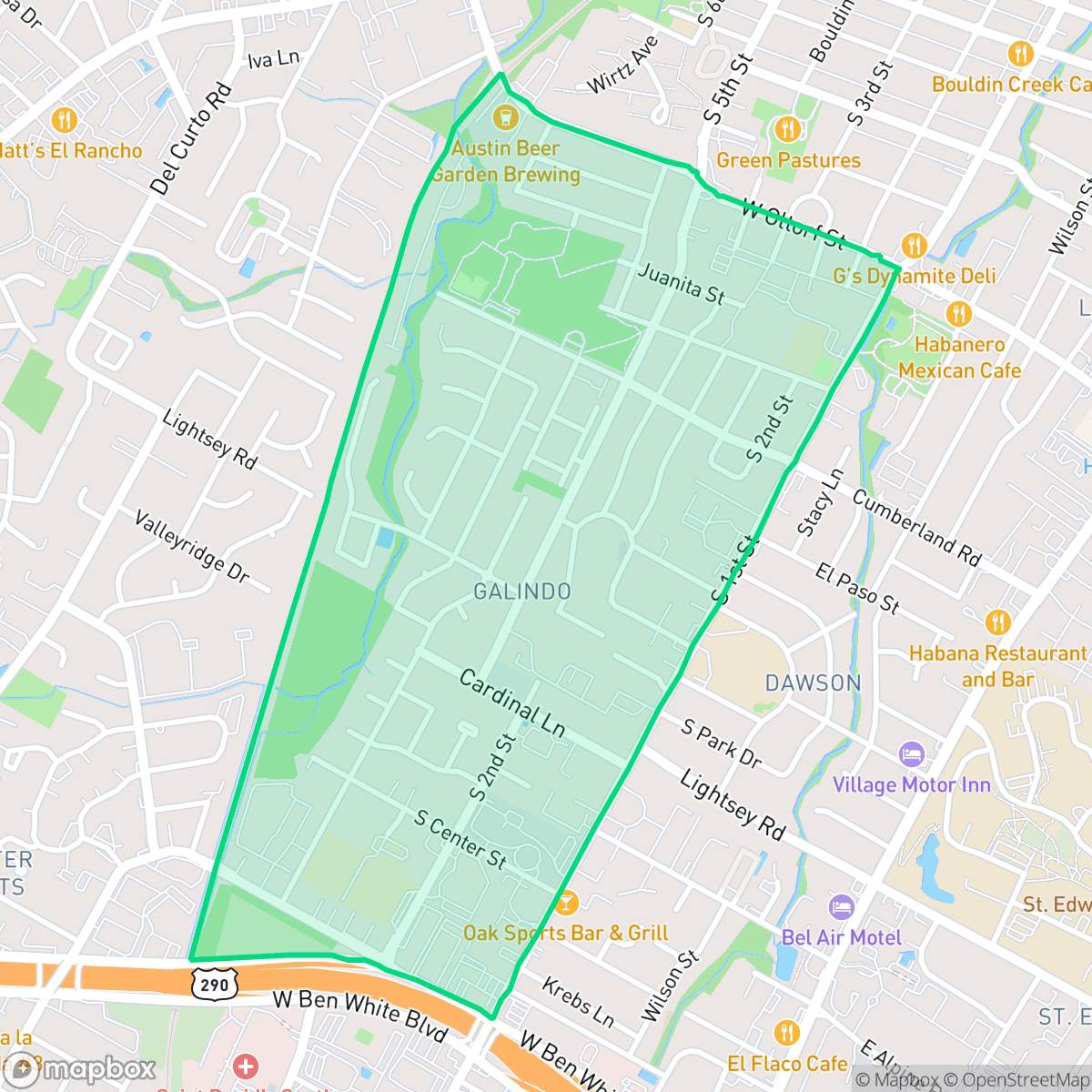 Map showing the location of Galindo, Austin, TX
