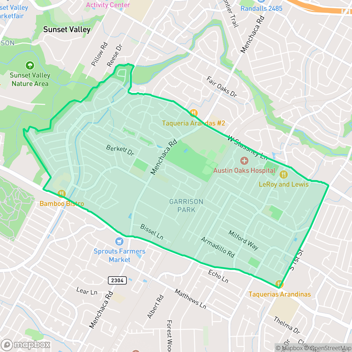 Map showing the location of Garrison Park, Austin, TX