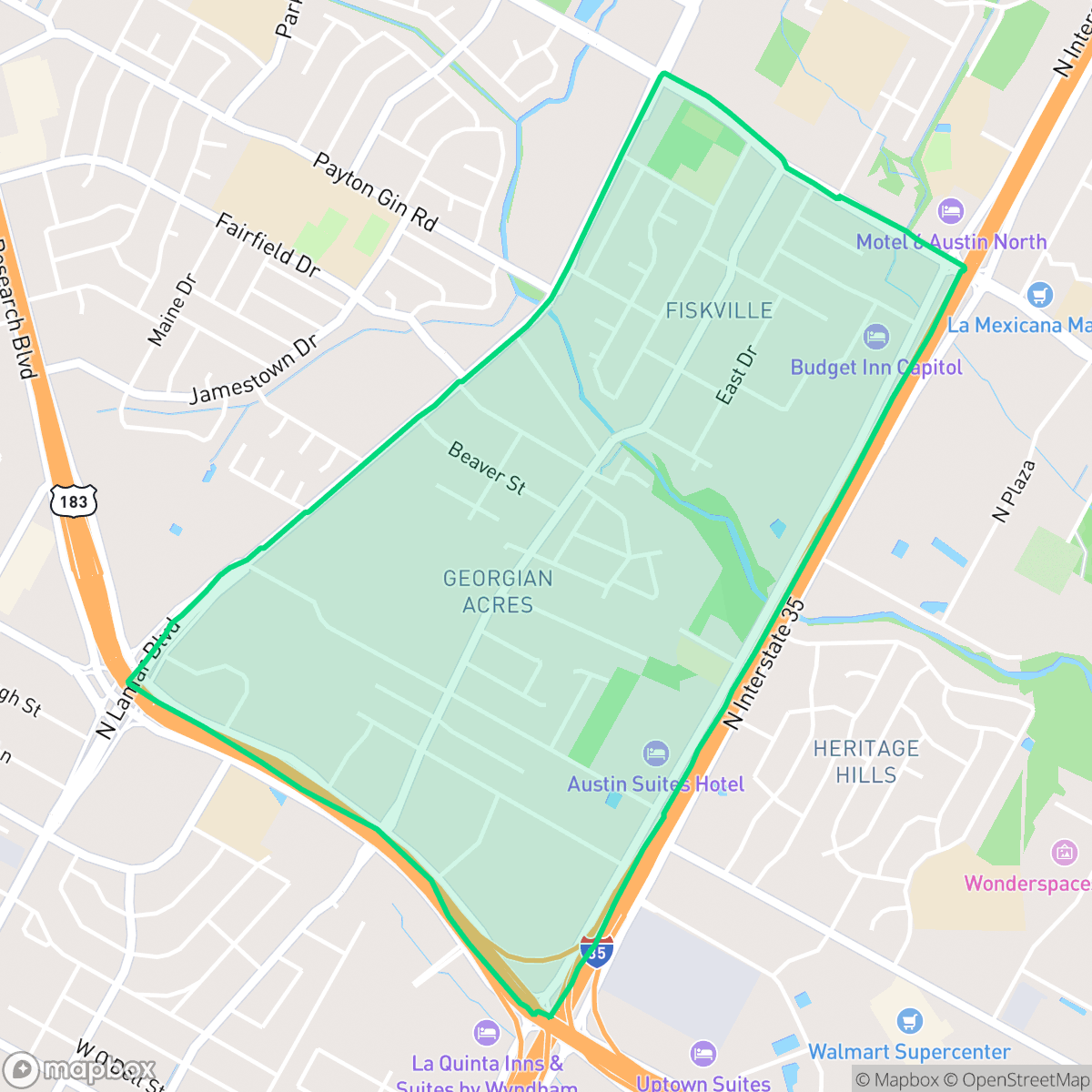 Map showing the location of Georgian Acres, Austin, TX