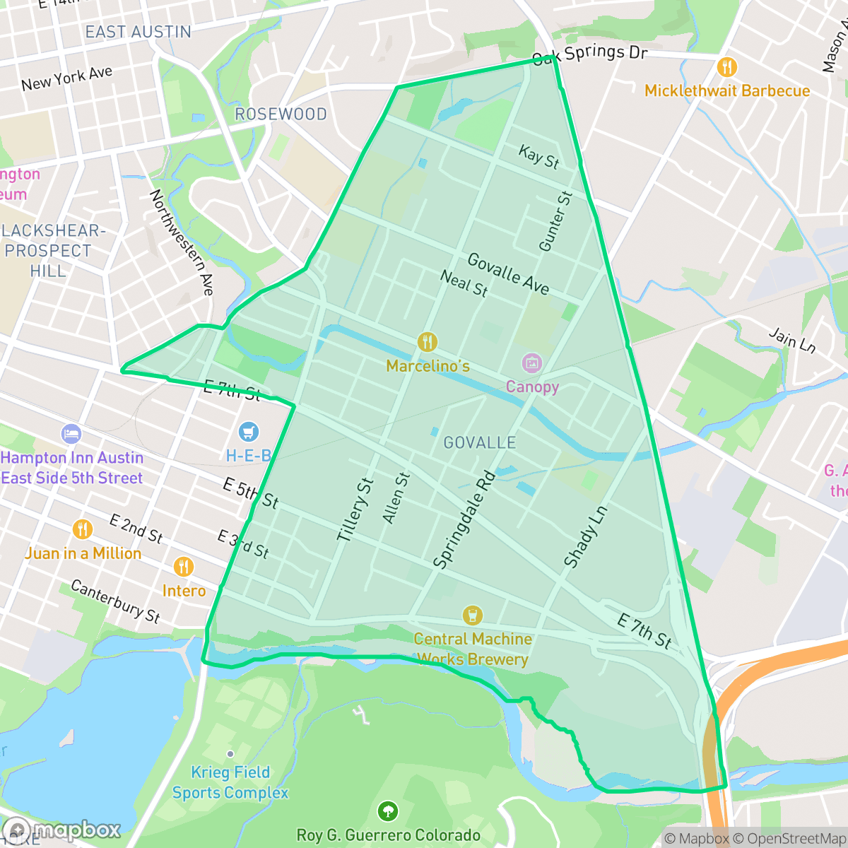Map showing the location of Govalle, Austin, TX