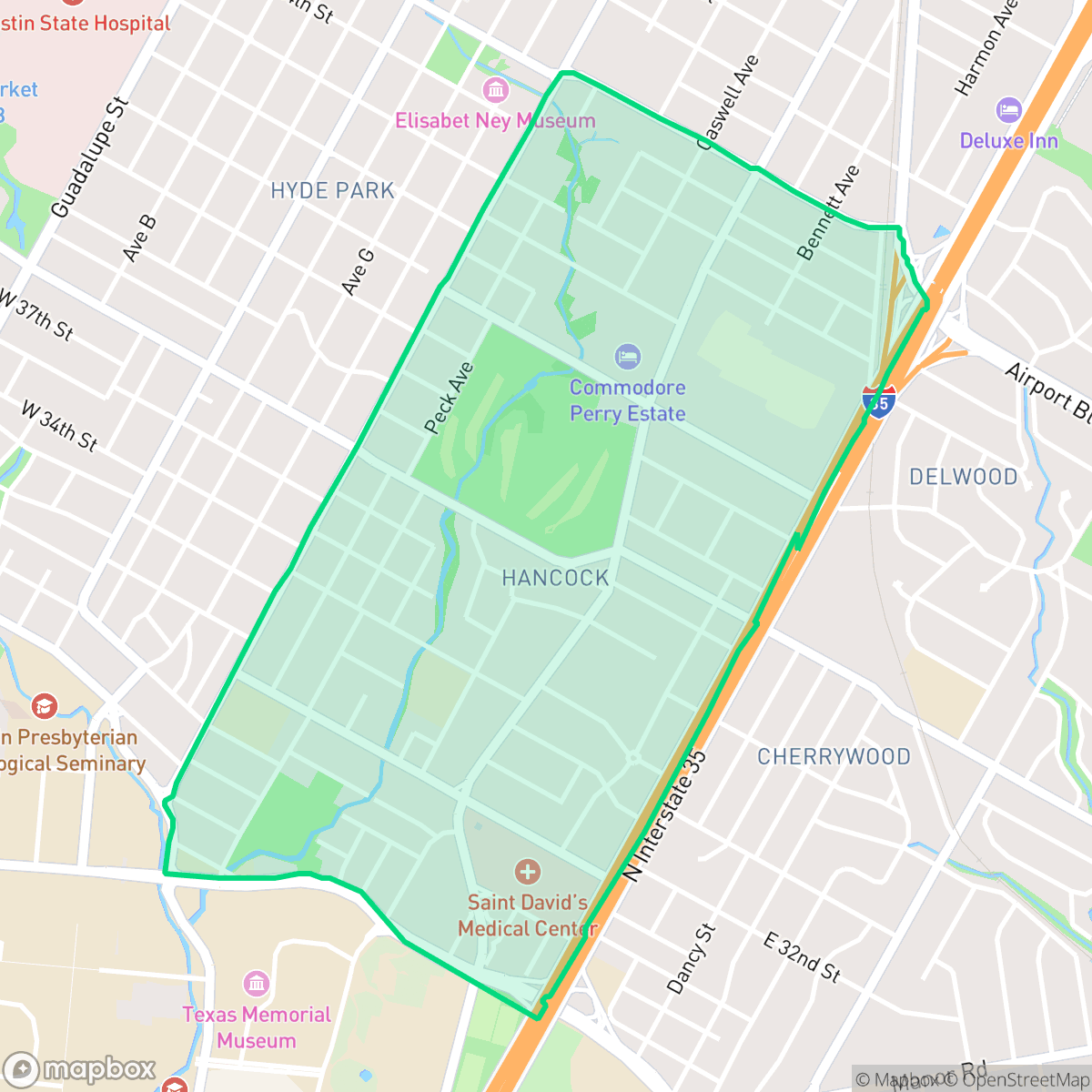 Map showing the location of Hancock, Austin, TX