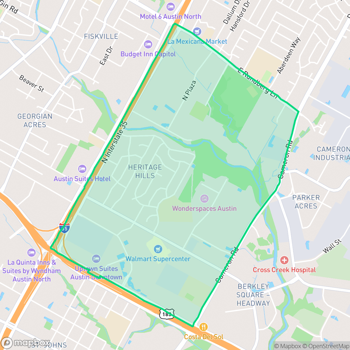 Map showing the location of Heritage Hills, Austin, TX