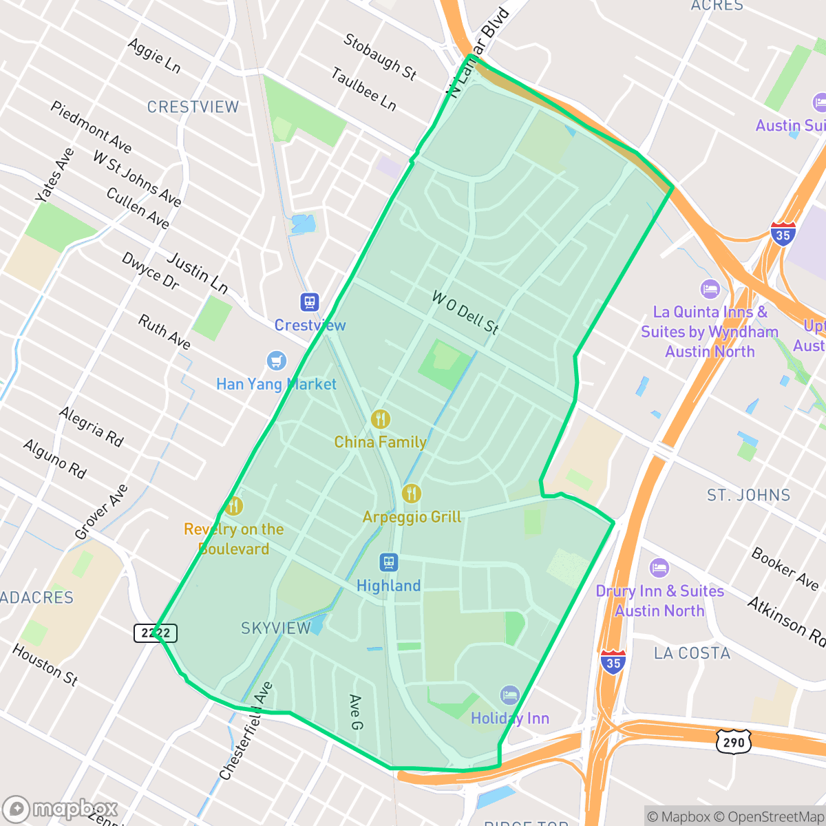 Map showing the location of Highland, Austin, TX