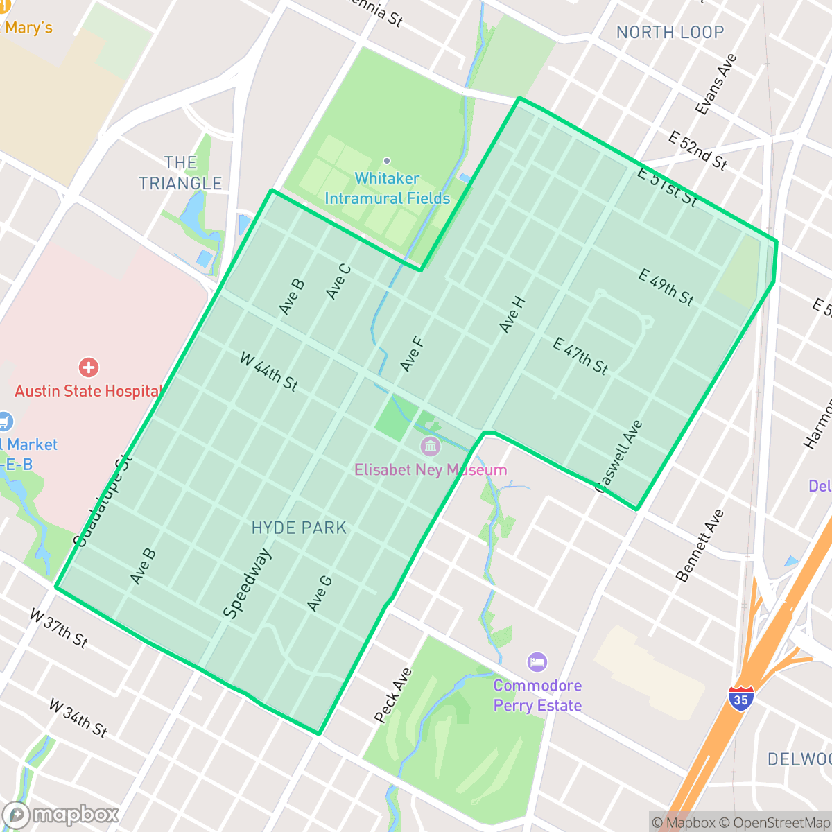 Map showing the location of Hyde Park, Austin, TX