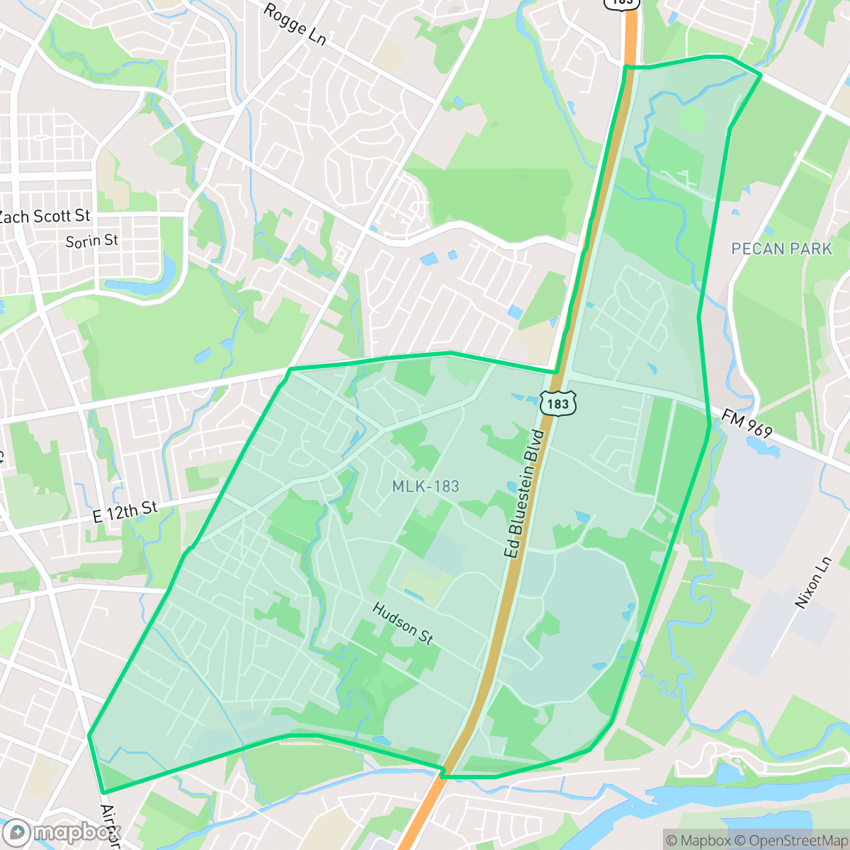 Map showing the location of MLK 183, Austin, TX