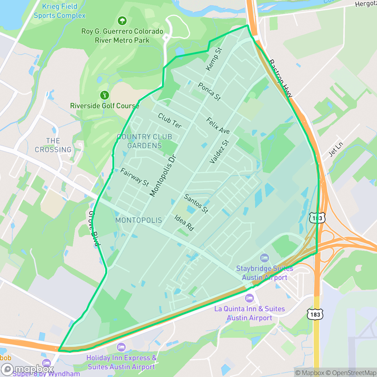 Map showing the location of Montopolis, Austin, TX