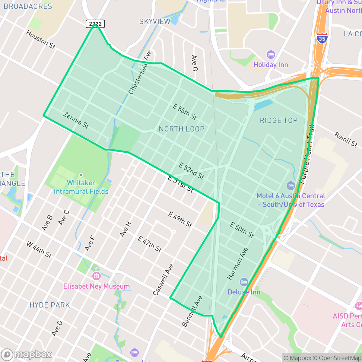 Map showing the location of North Loop, Austin, TX