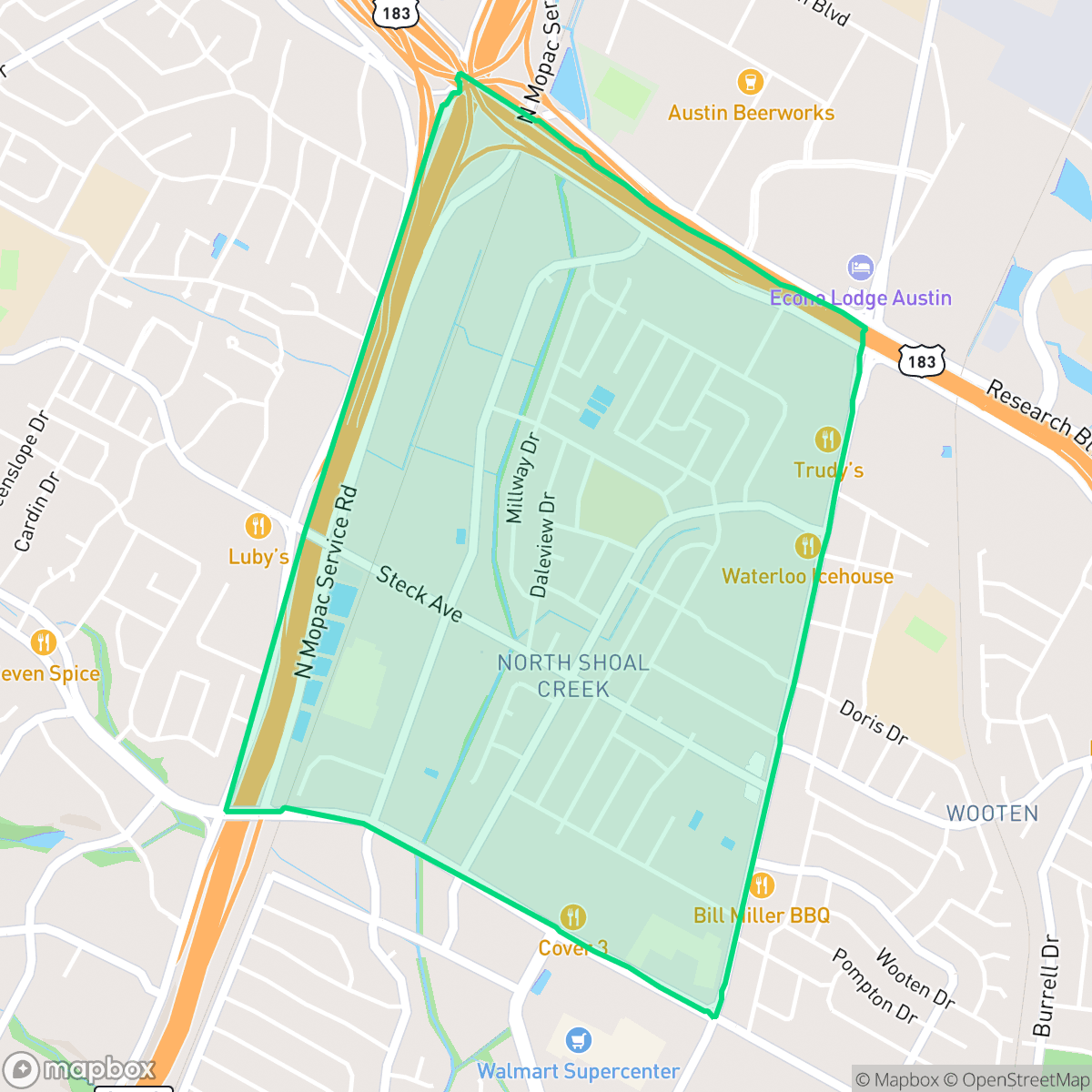 Map showing the location of North Shoal Creek, Austin, TX