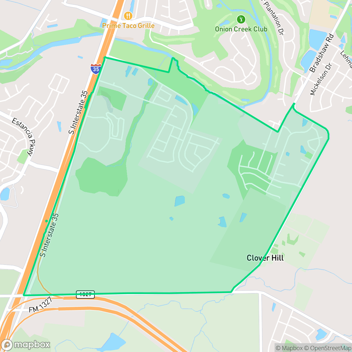 Map showing the location of Onion Creek, Austin, TX