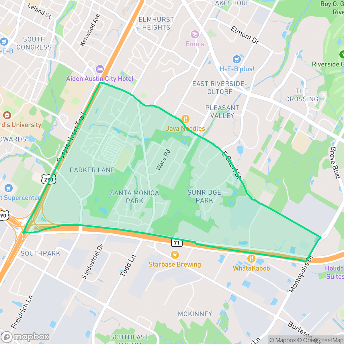 Map showing the location of Parker Lane, Austin, TX
