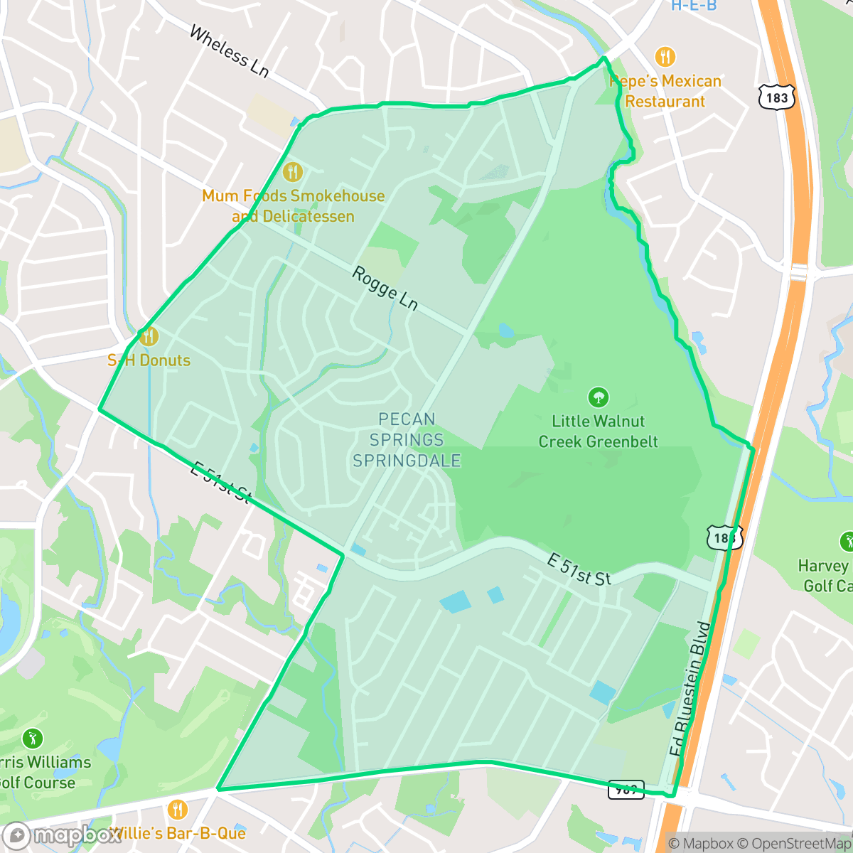 Map showing the location of Pecan Springs Springdale, Austin, TX