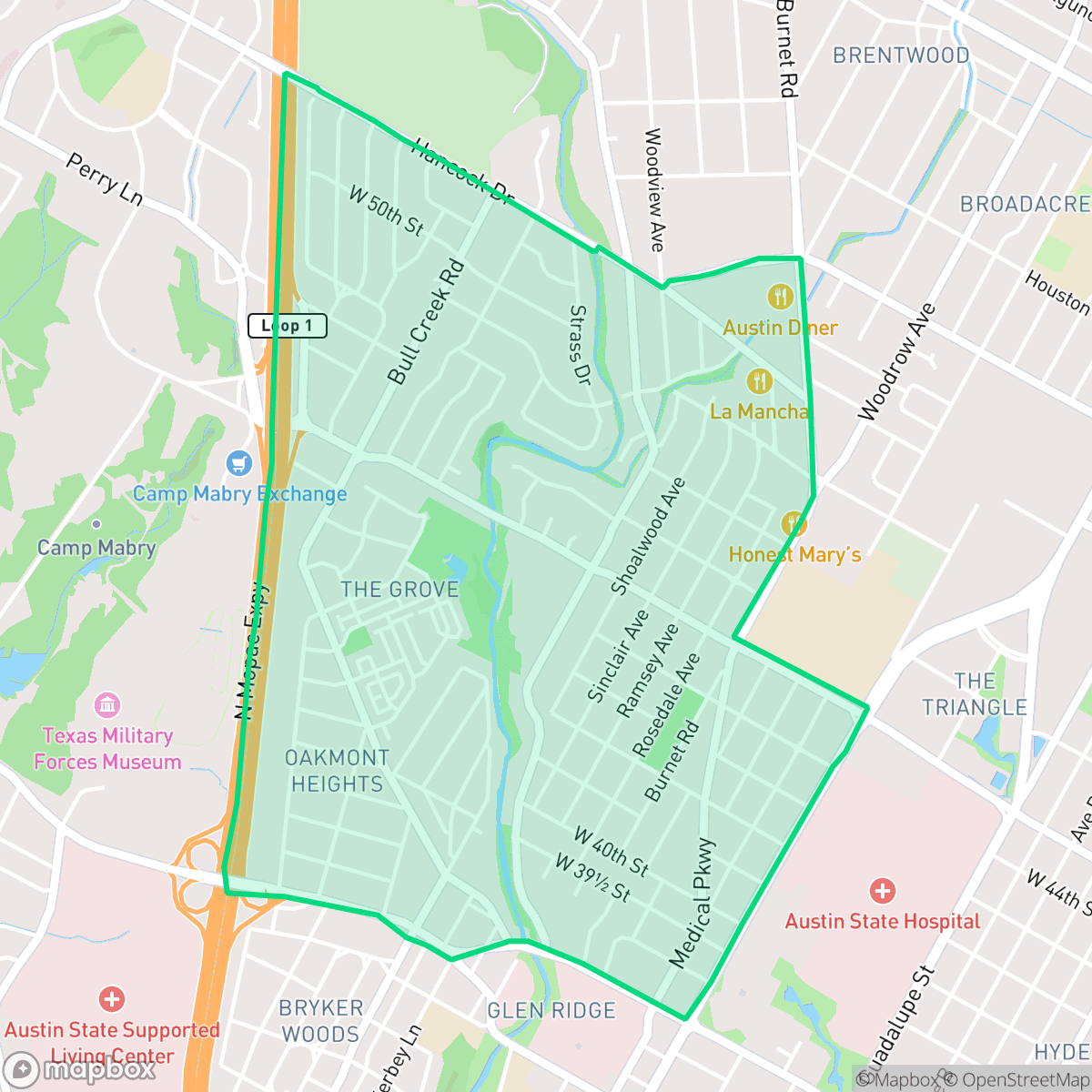 Map showing the location of Rosedale, Austin, TX