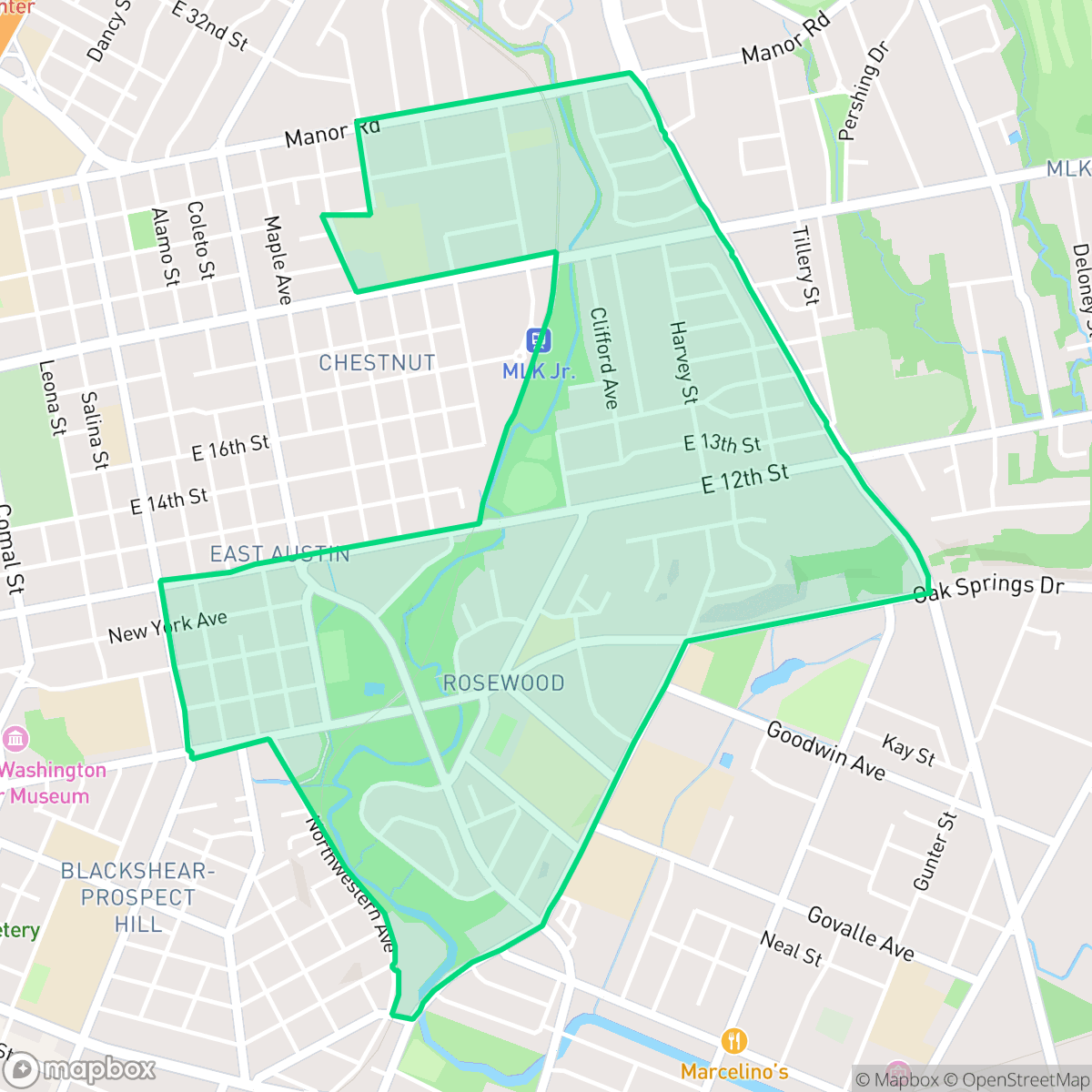 Map showing the location of Rosewood, Austin, TX