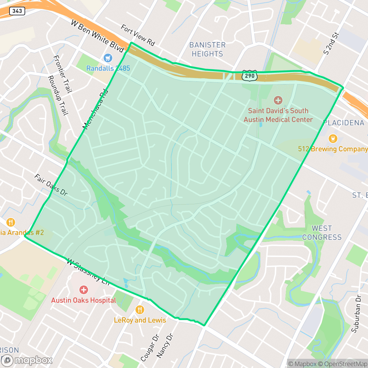 Map showing the location of South Manchaca, Austin, TX