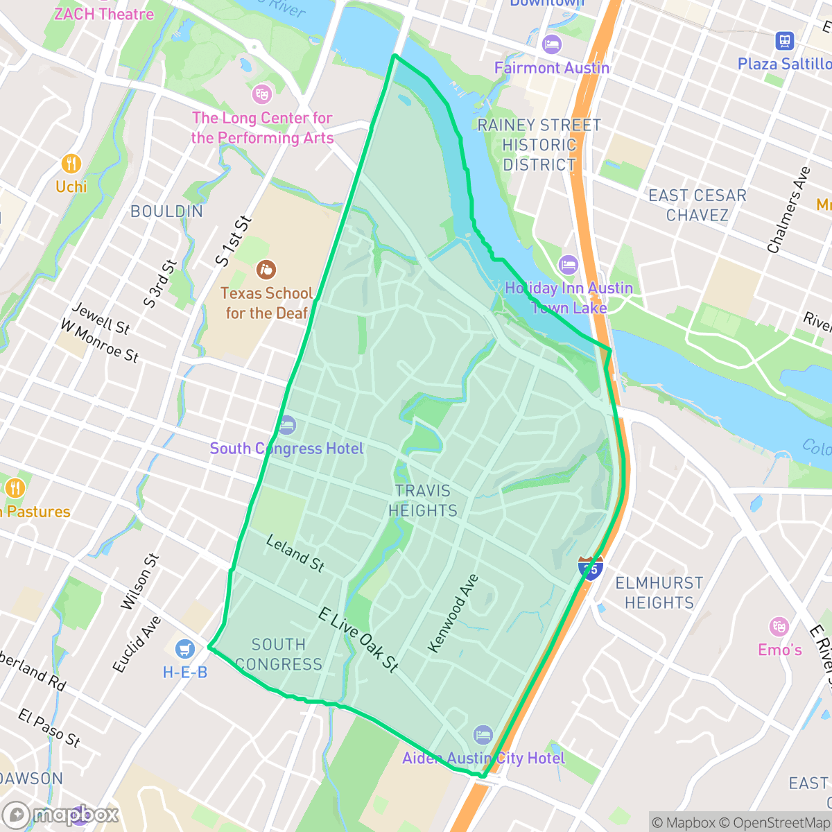 Map showing the location of South River City, Austin, TX