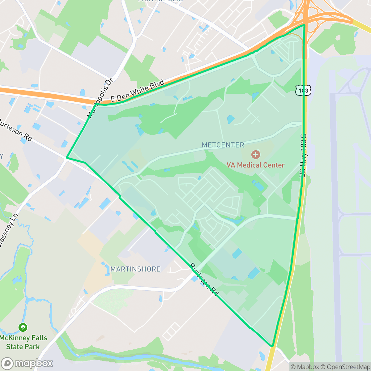 Map showing the location of Southeast, Austin, TX