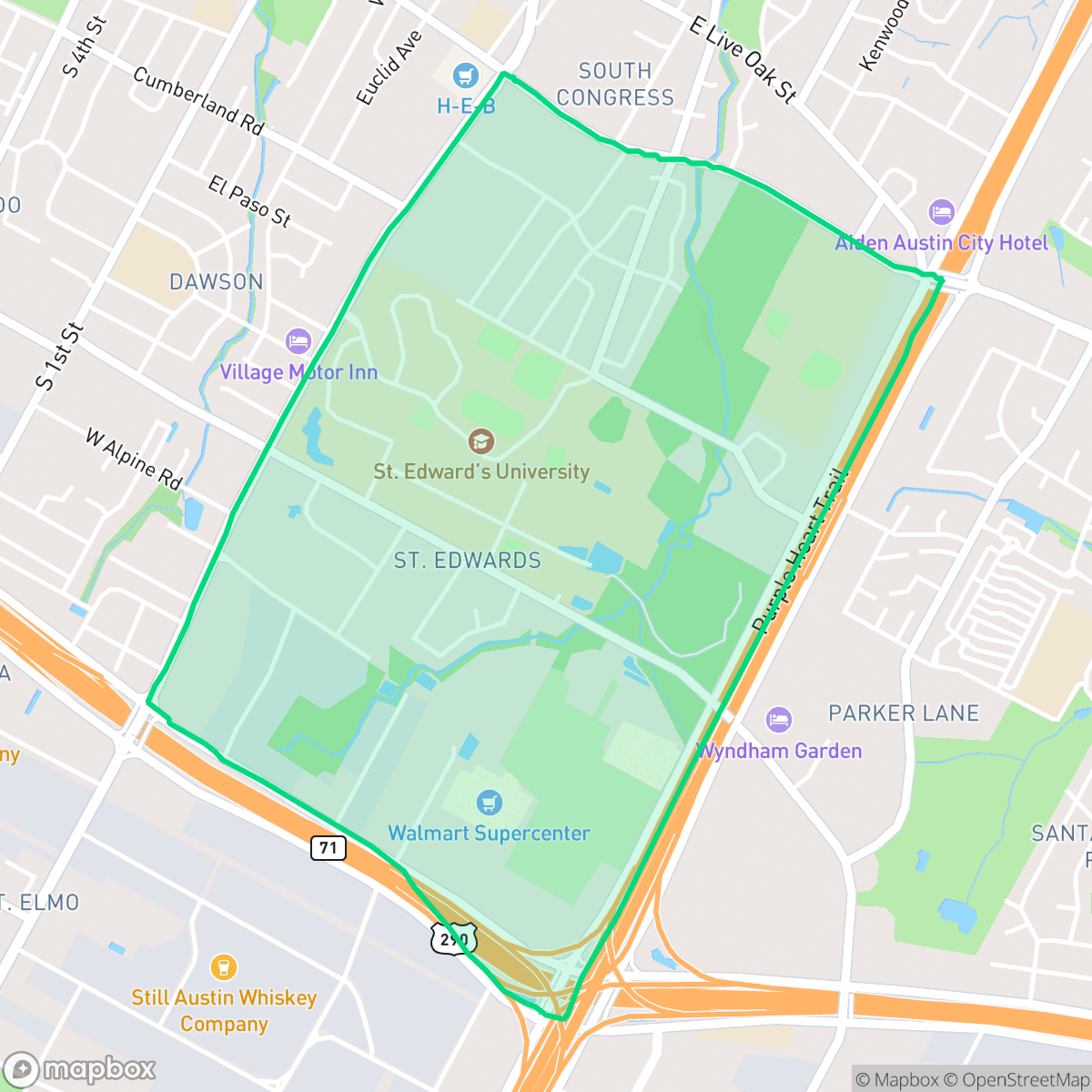 Map showing the location of St. Edwards, Austin, TX