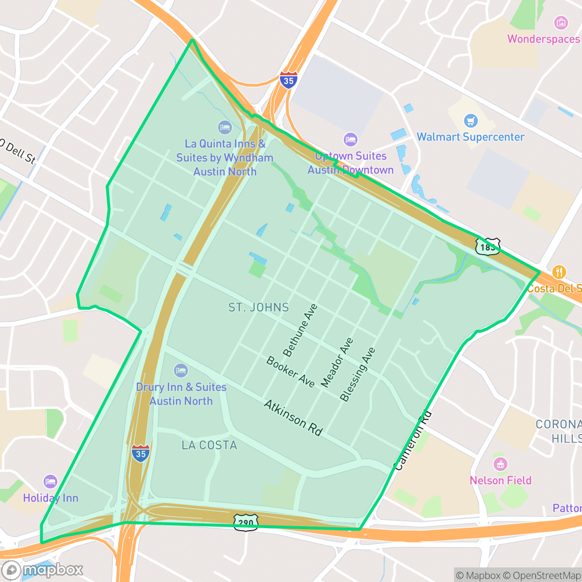 Map showing the location of St. Johns, Austin, TX