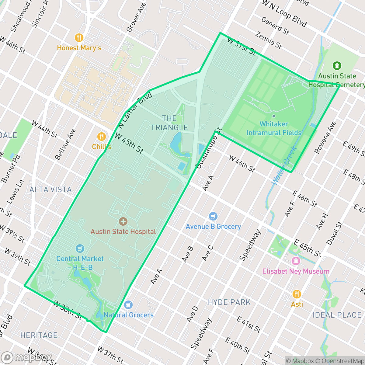 Map showing the location of Triangle State, Austin, TX