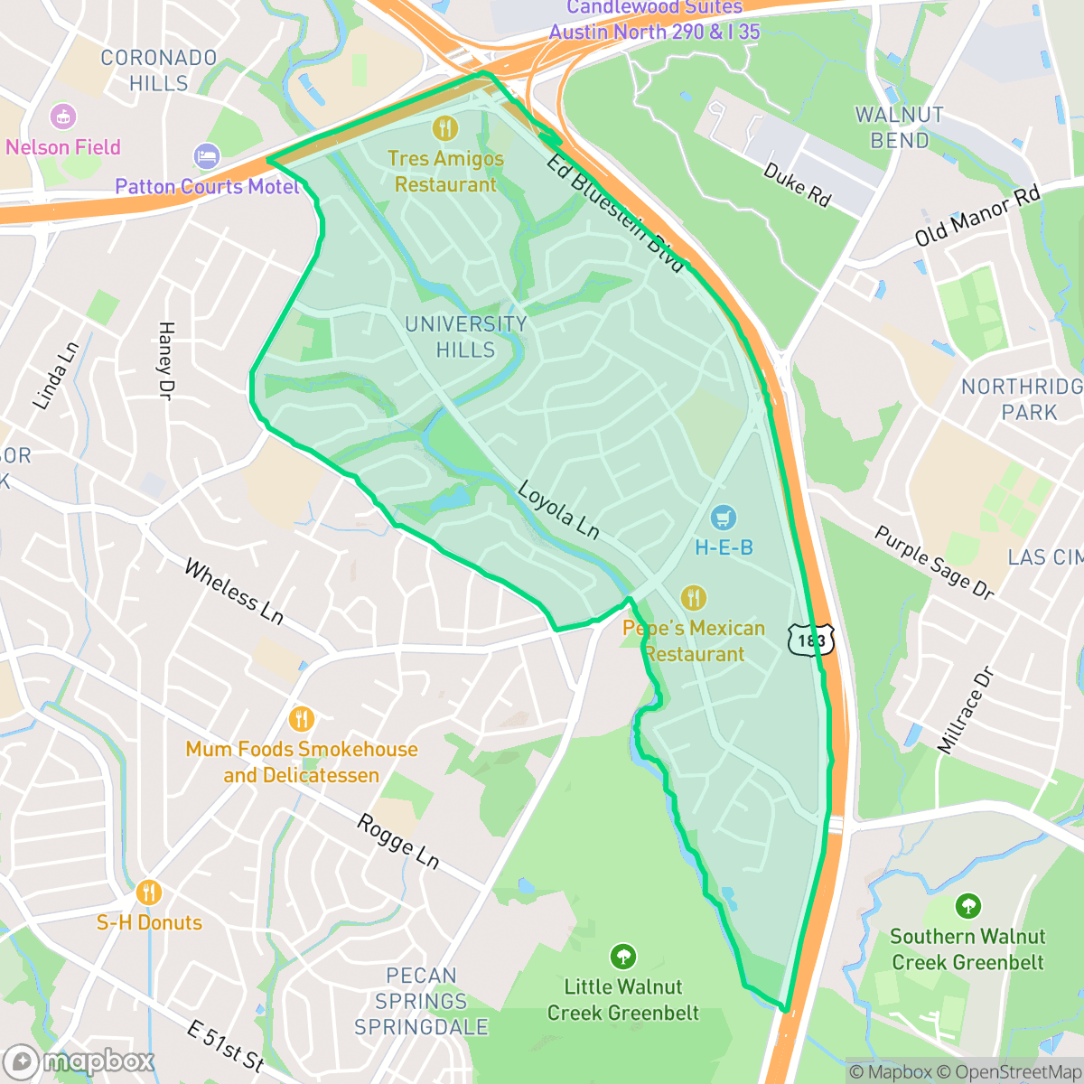 Map showing the location of University Hills, Austin, TX