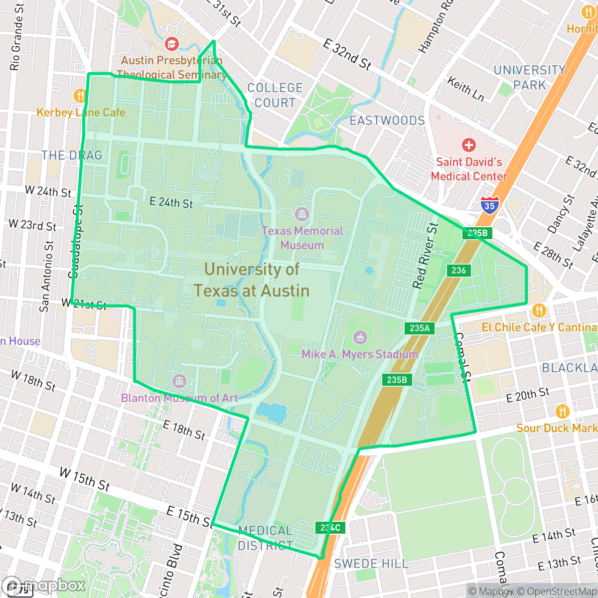 Map showing the location of University of Texas, Austin, TX