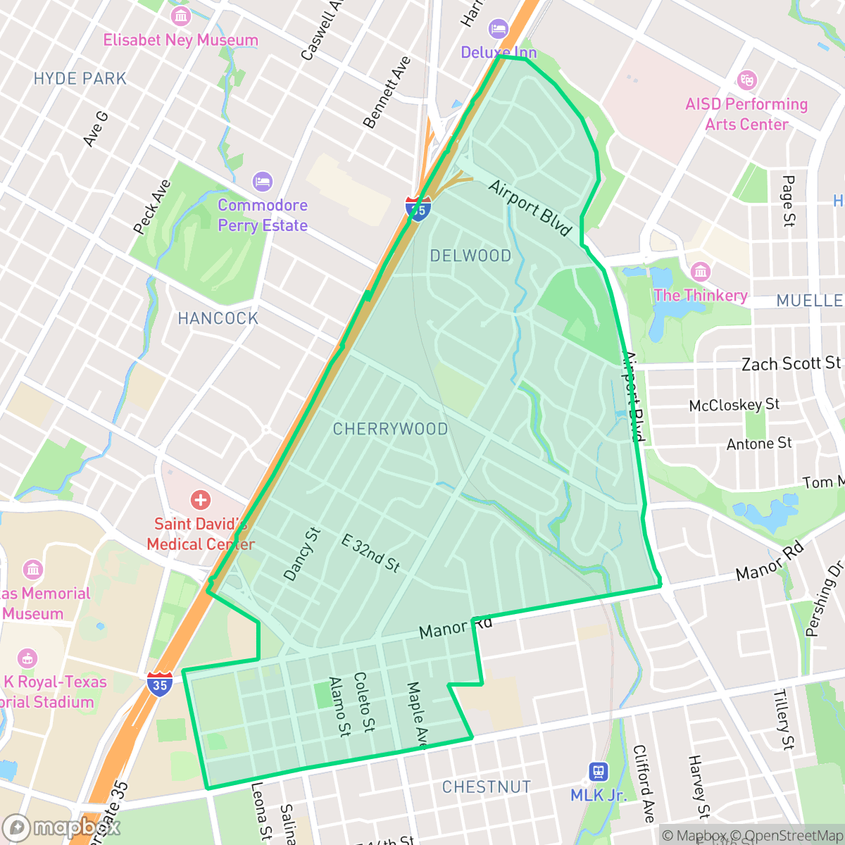 Map showing the location of Upper Boggy Creek, Austin, TX