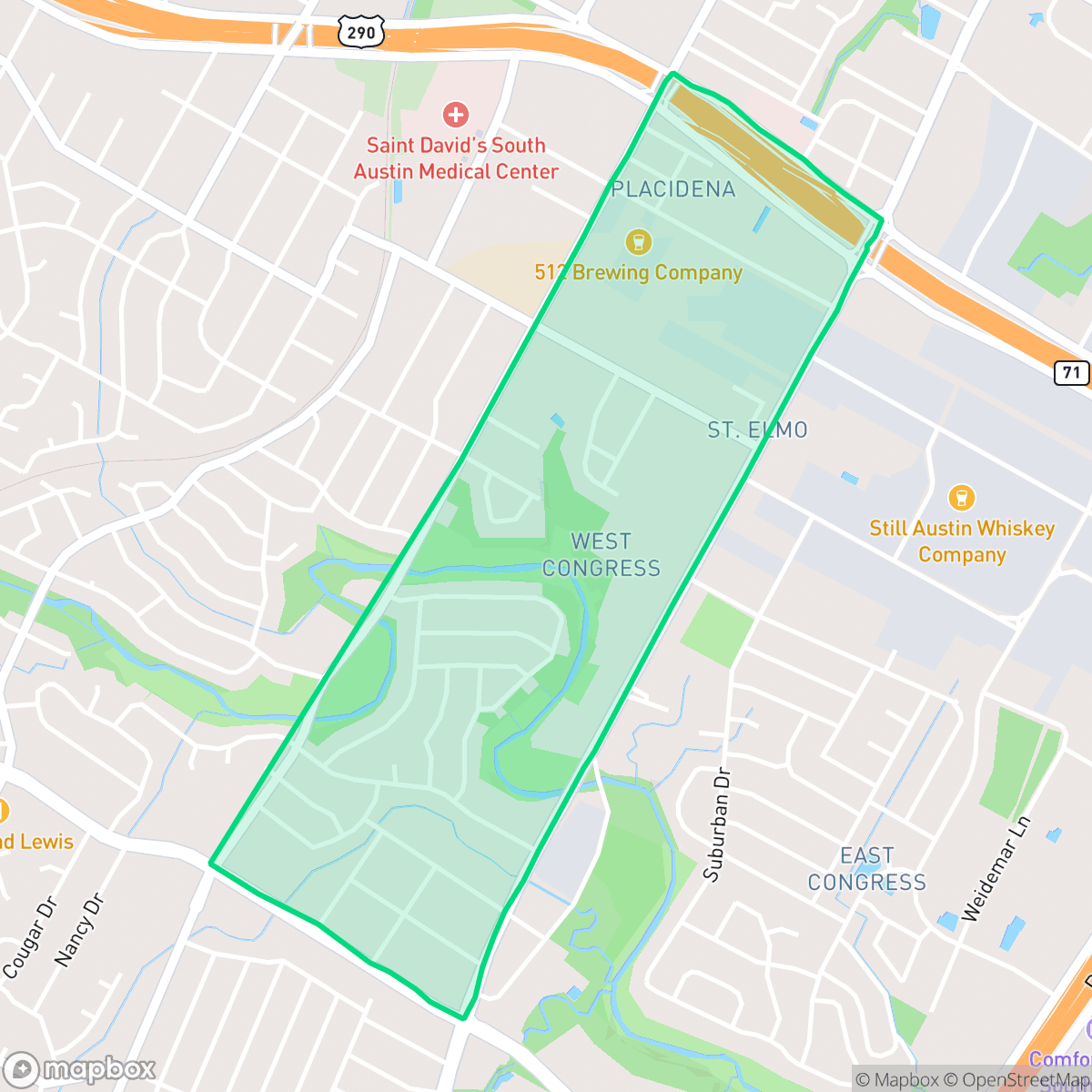 Map showing the location of West Congress, Austin, TX