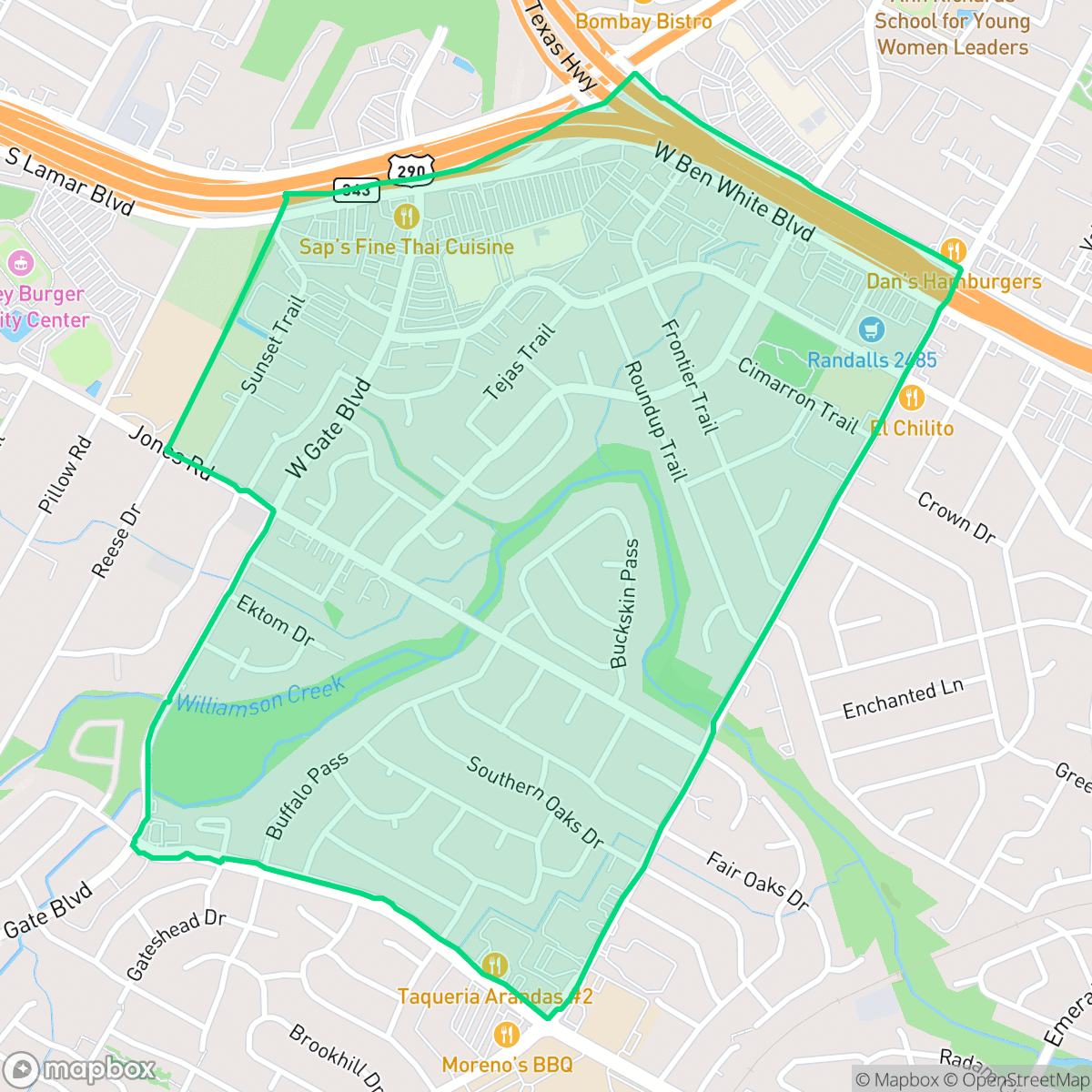 Map showing the location of West Gate, Austin, TX