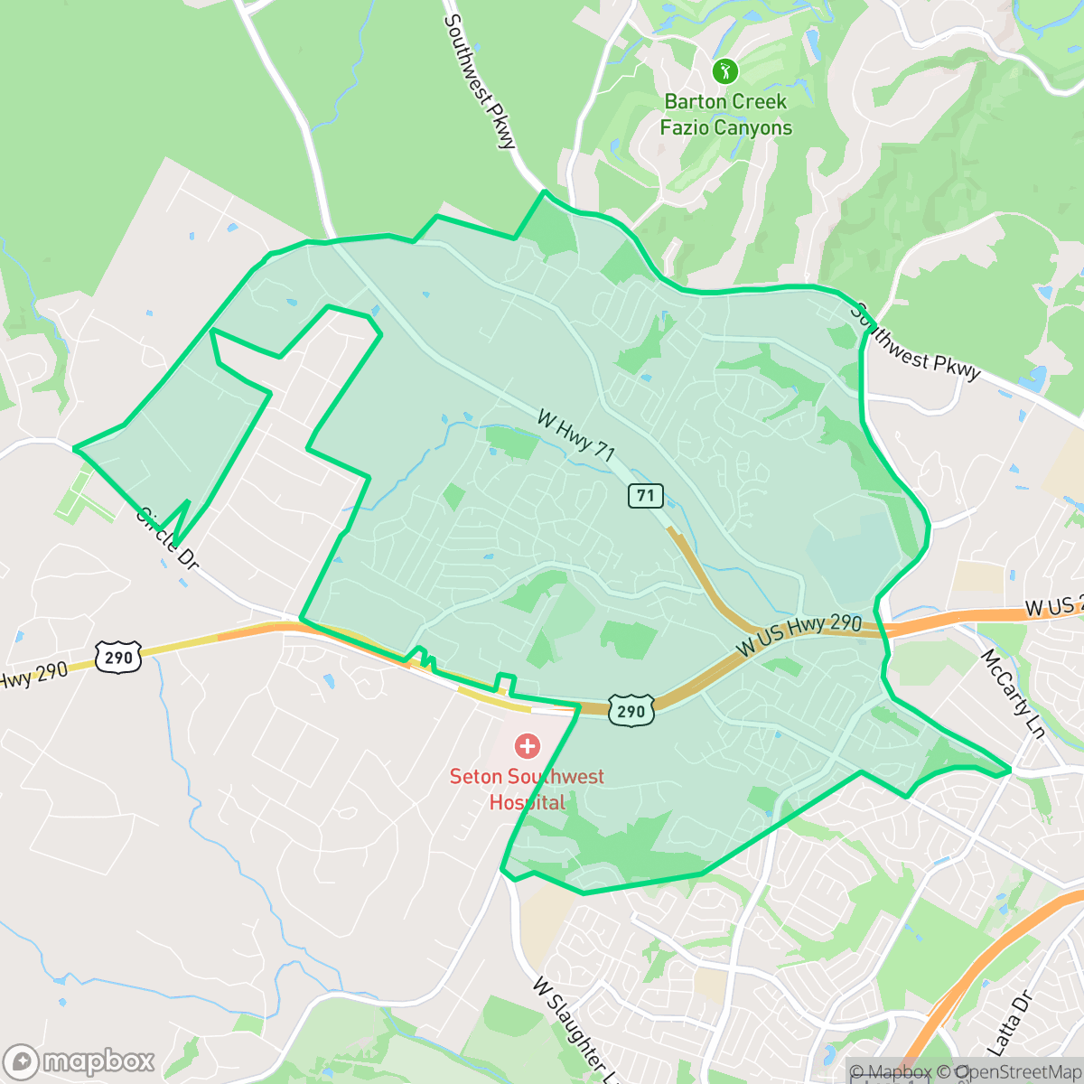 Map showing the location of West Oak Hill, Austin, TX