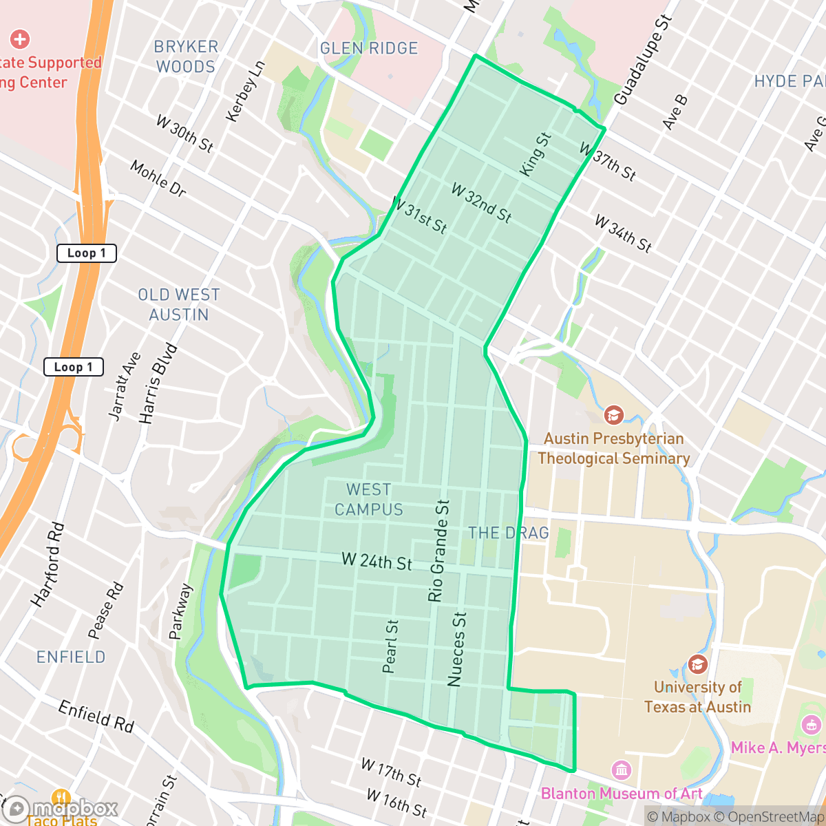 Map showing the location of West University, Austin, TX