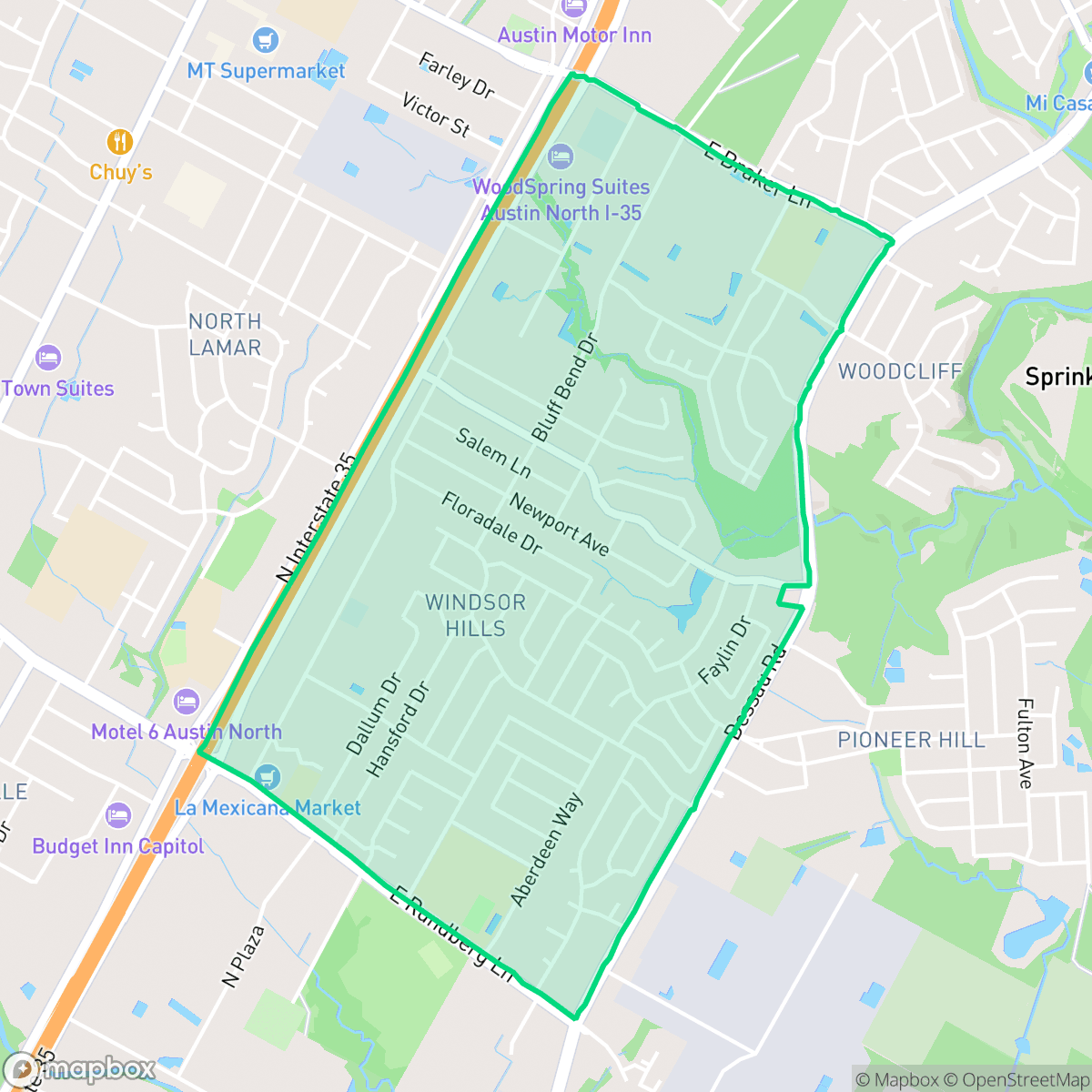 Map showing the location of Windsor Hills, Austin, TX