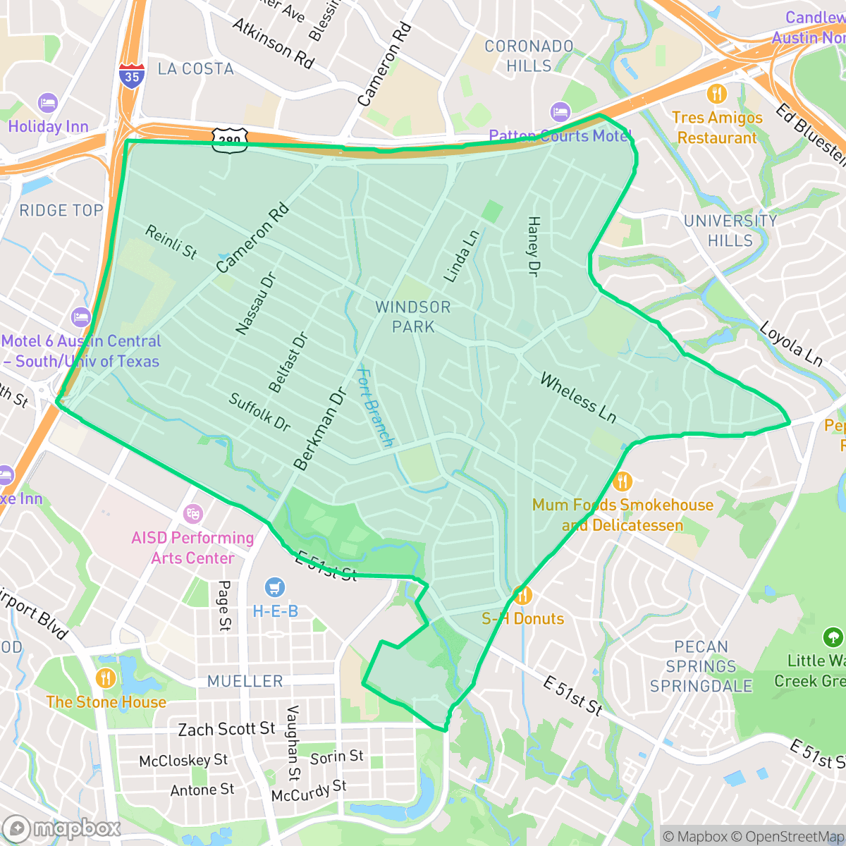 Map showing the location of Windsor Park, Austin, TX