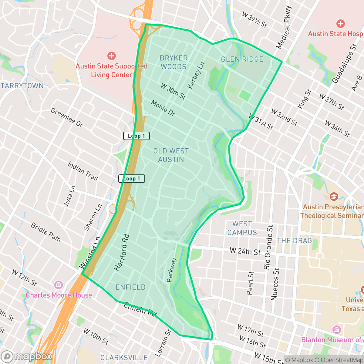 Map showing the location of Windsor Road, Austin, TX