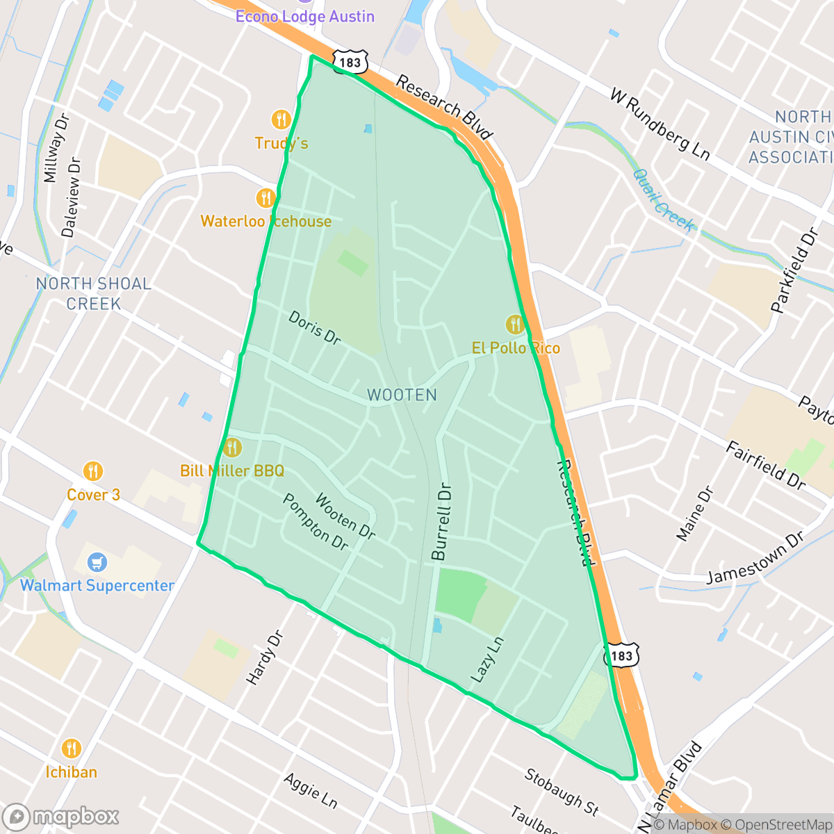Map showing the location of Wooten, Austin, TX