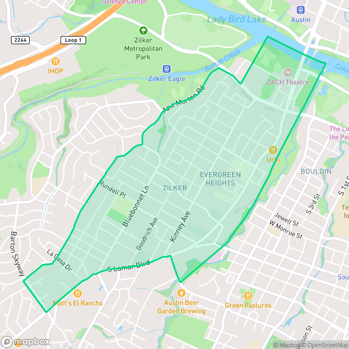 Map showing the location of Zilker, Austin, TX