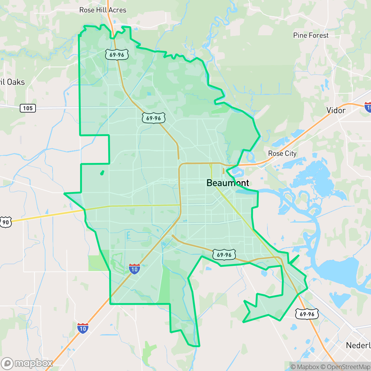 Map showing the location of Beaumont, TX — coverage area